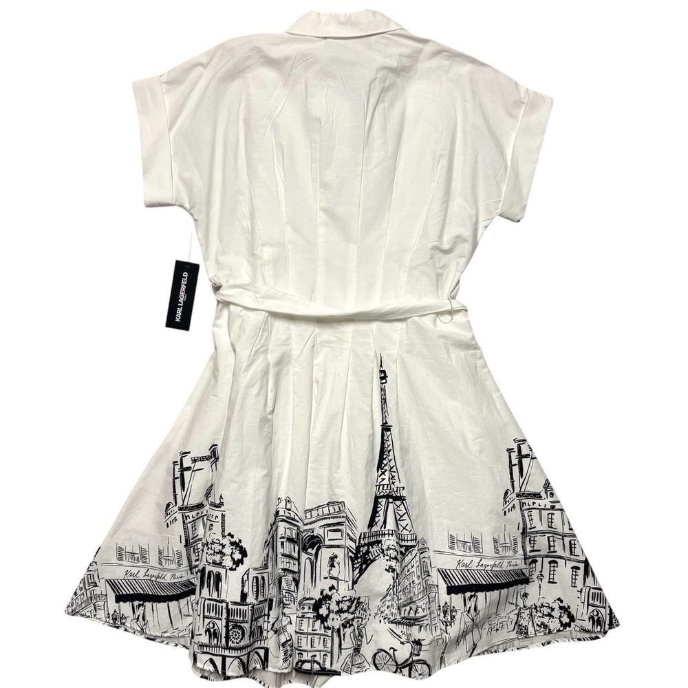 NWT KARL LAGERFELD PARIS Tie-waist Paris Border Dress, White Multi, 6, $169 - Picture 7 of 14